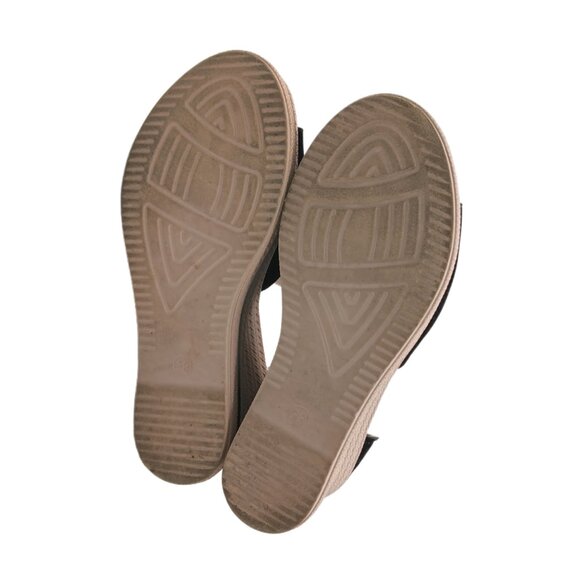 T-Strap Platform Sandals Womens 38 Black Faux Suede Back Zip Wedge Espadrille - Picture 5 of 5